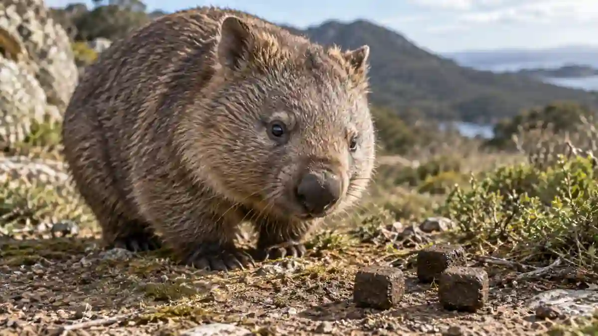 Wombat beside cube-shaped droppings
