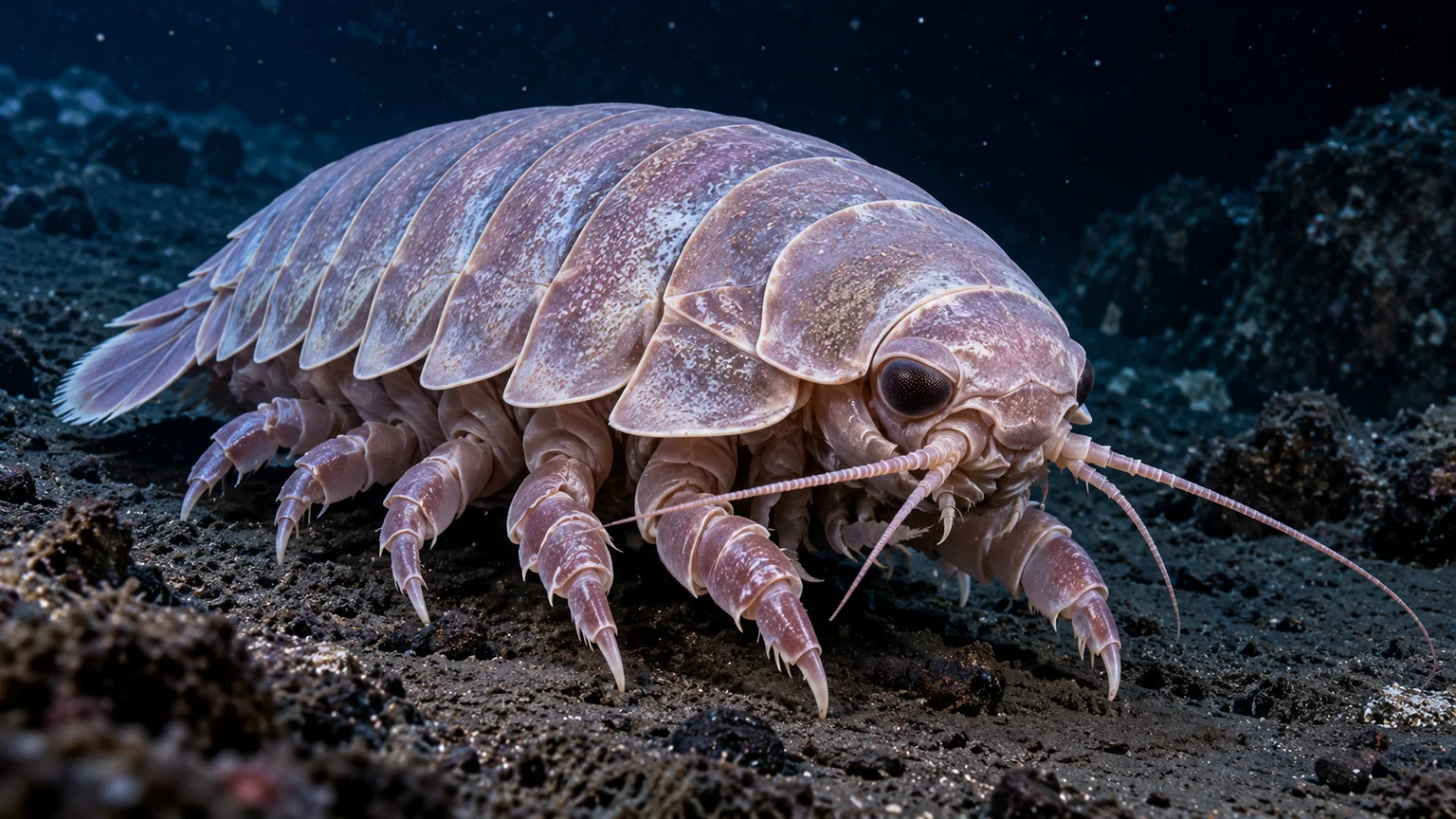 Conceptual giant isopod with broad overlapping shell plates, jointed clawed legs and long antennae crawling on a dark seafloor