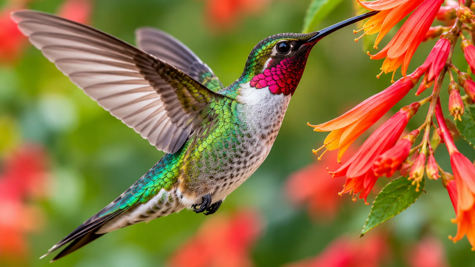 Hummingbird hovering beside red tubular flowers