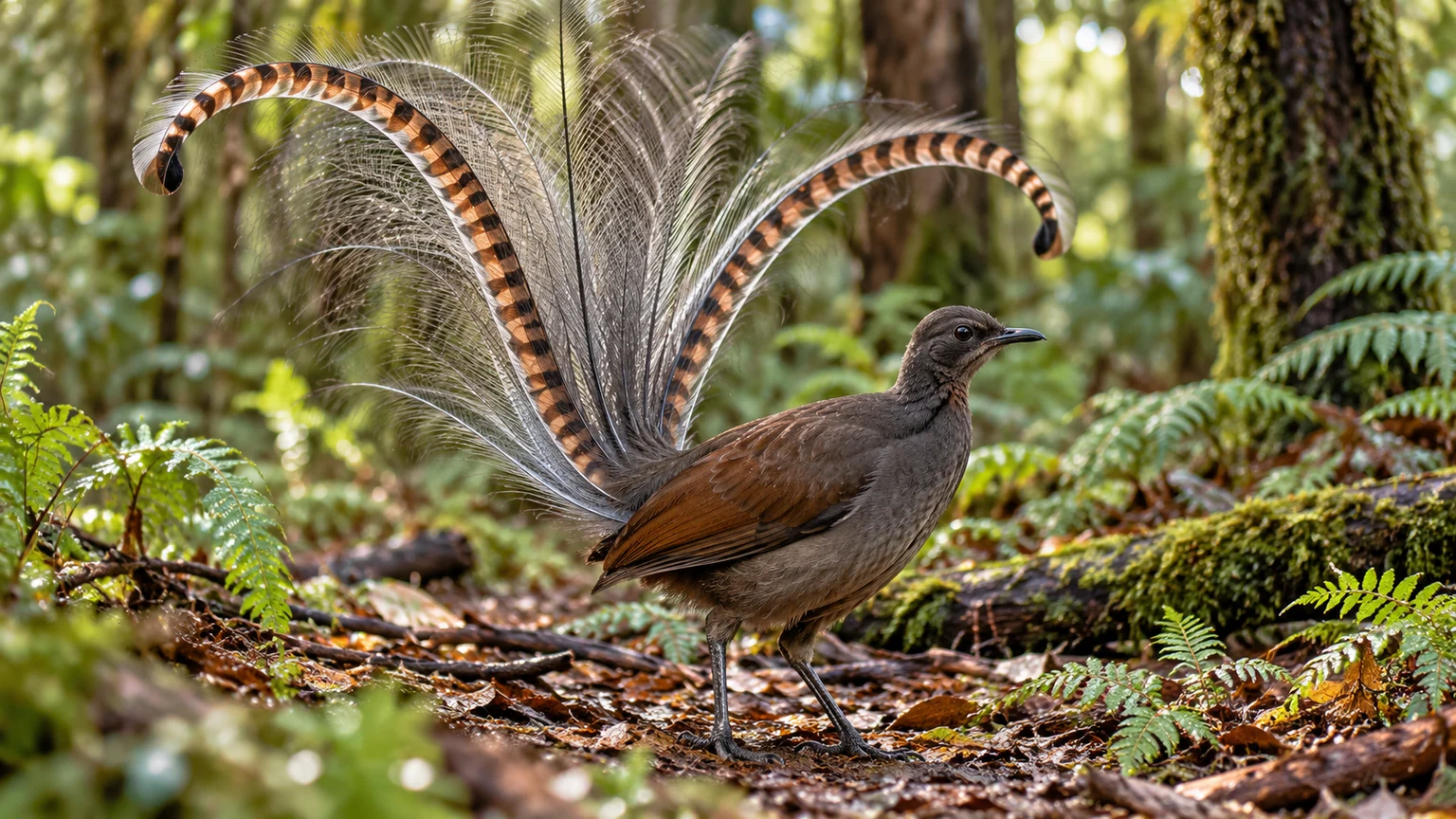 Male superb lyrebird on a forest floor displaying a curved, barred lyre-shaped tail and delicate filament feathers