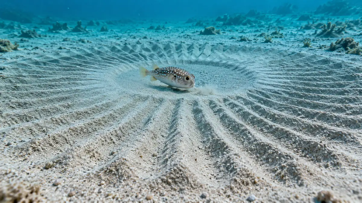 Male pufferfish inside a large geometric sand circle on the seafloor