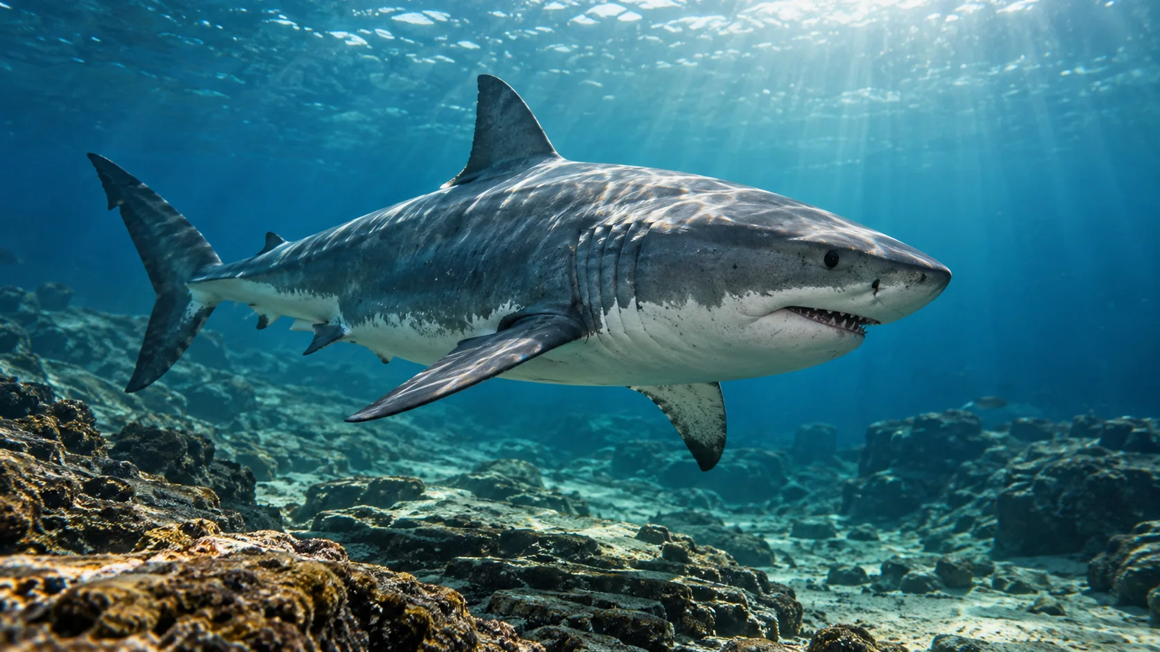 A shark swimming over a rocky seafloor in blue ocean water